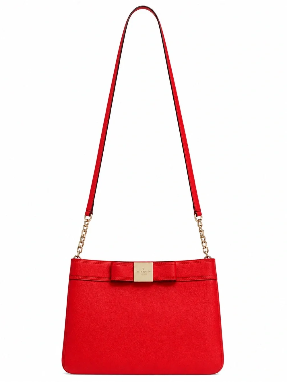 Kate Spade Poppy Red Leather Shoulder Messenger Crossbody Bag Bow Gold Chain